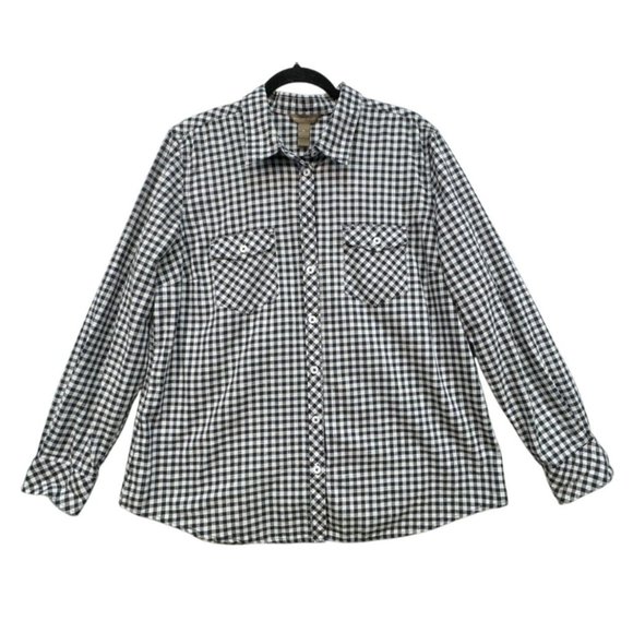 Bit & Bridle Womens Checkered Long Sleeve Button-Up Shirt XL Dary Navy & White C - Picture 1 of 13